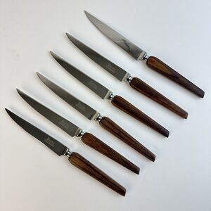 BURNS Stainless Steel Serrated Steak Knives MCM Mid Century Wood Handle Set of 6